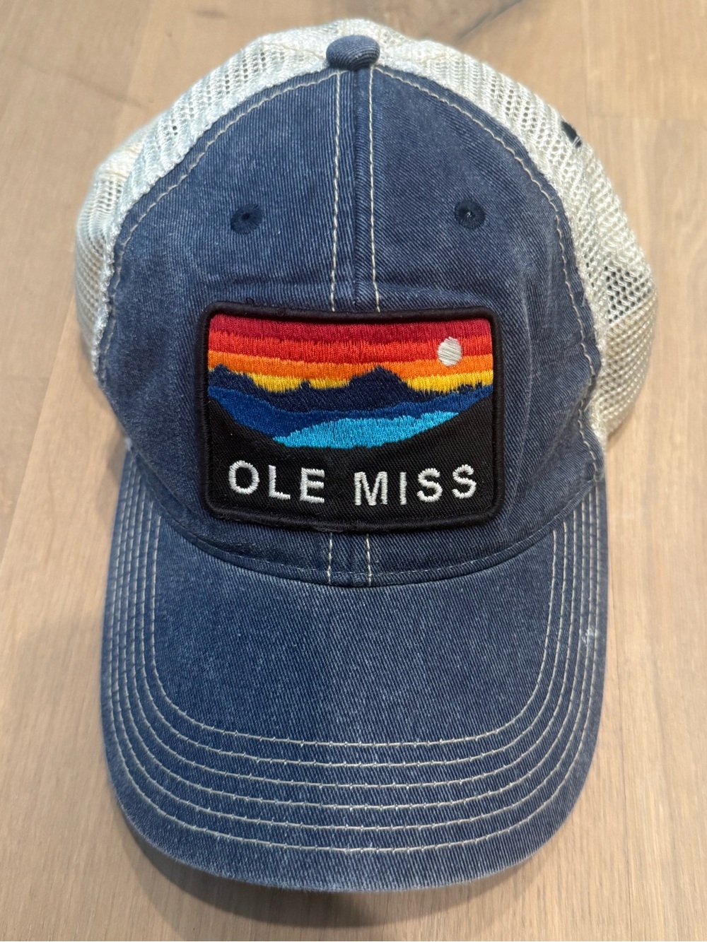 Legacy Ole Miss Denim Trucker Hat with Sunset Patch - Blue & Cream
